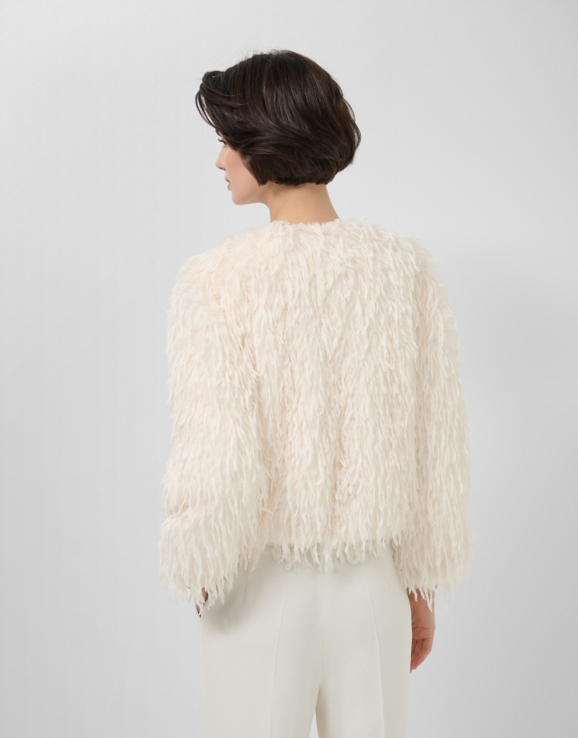 Jacket with detachable collar in white feather pattern fabric