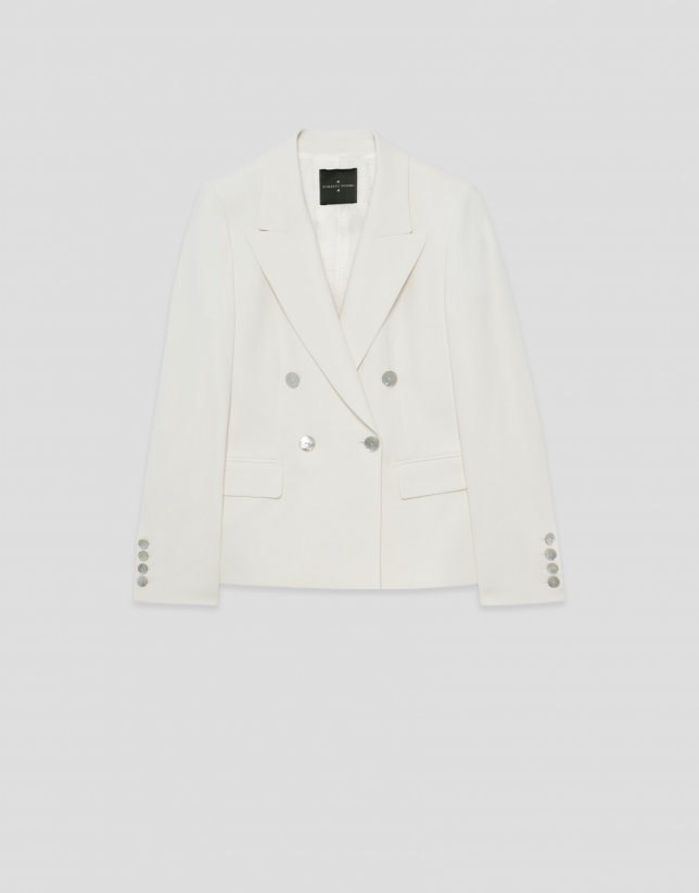 Double-breasted ecru crepe blazer
