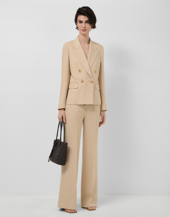 Beige linen-blend blazer with one button