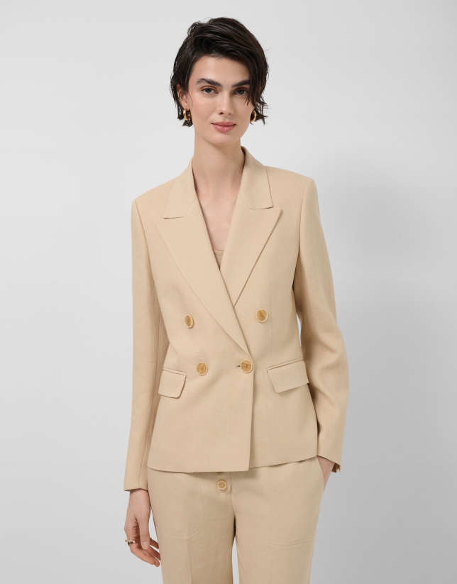 Beige linen-blend blazer with one button
