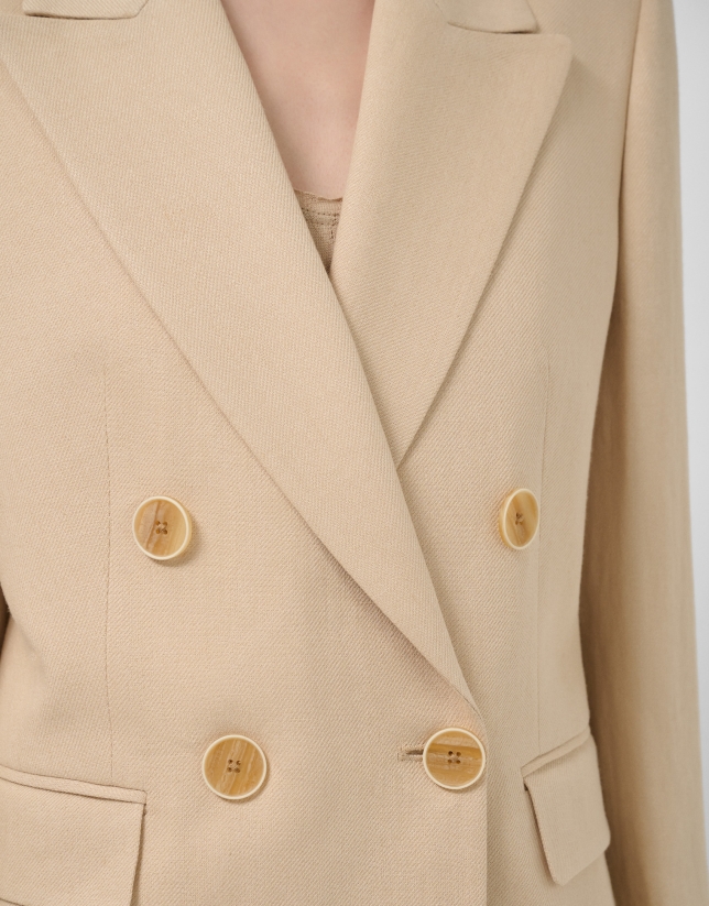 Beige linen-blend blazer with one button