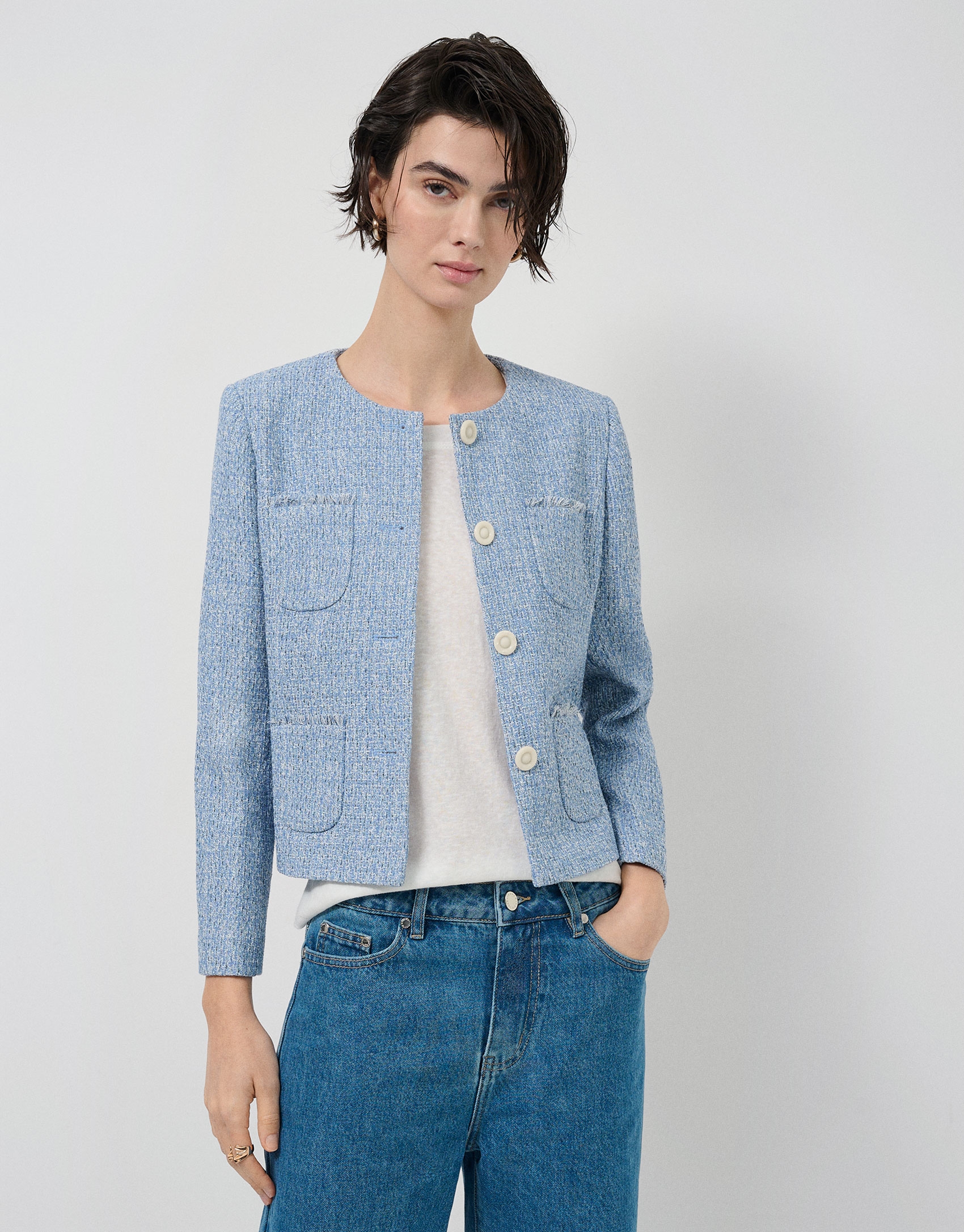 Chaqueta corta tweed tonos azules