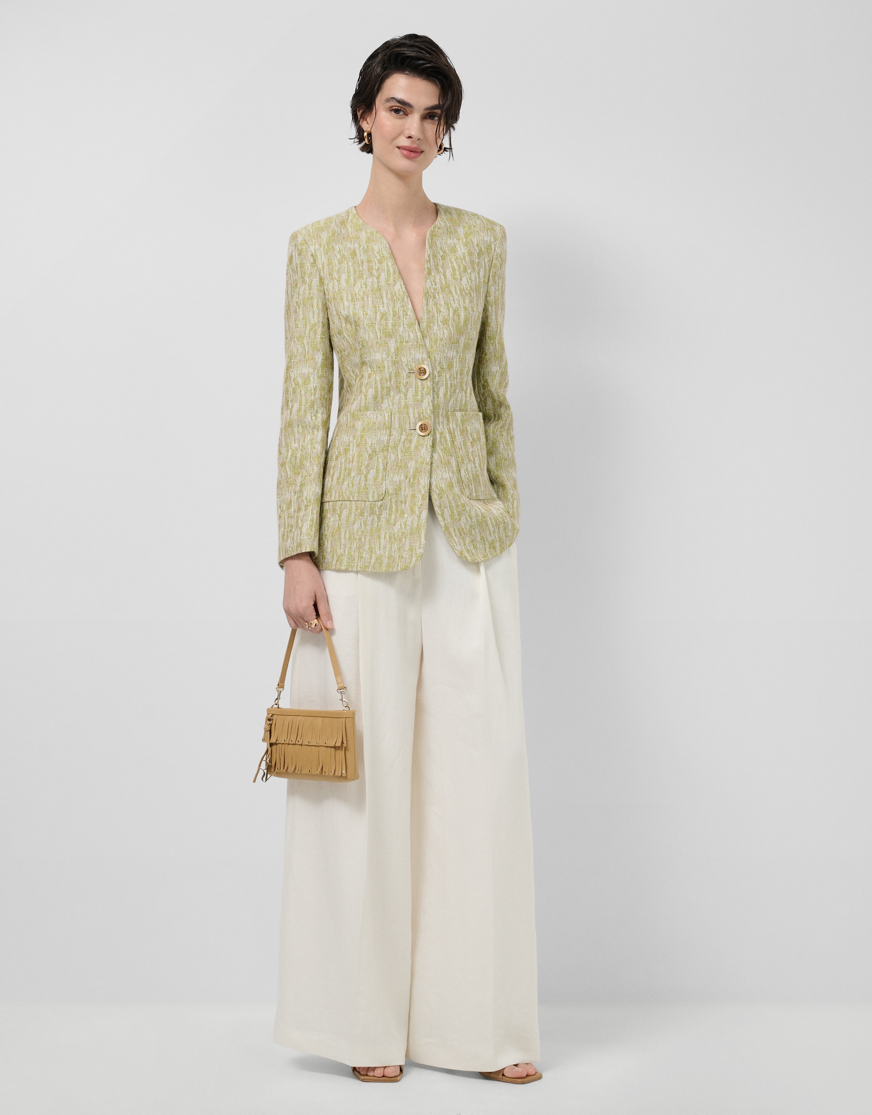 Chaqueta jacquard lino/algod&oacute;n verde musgo