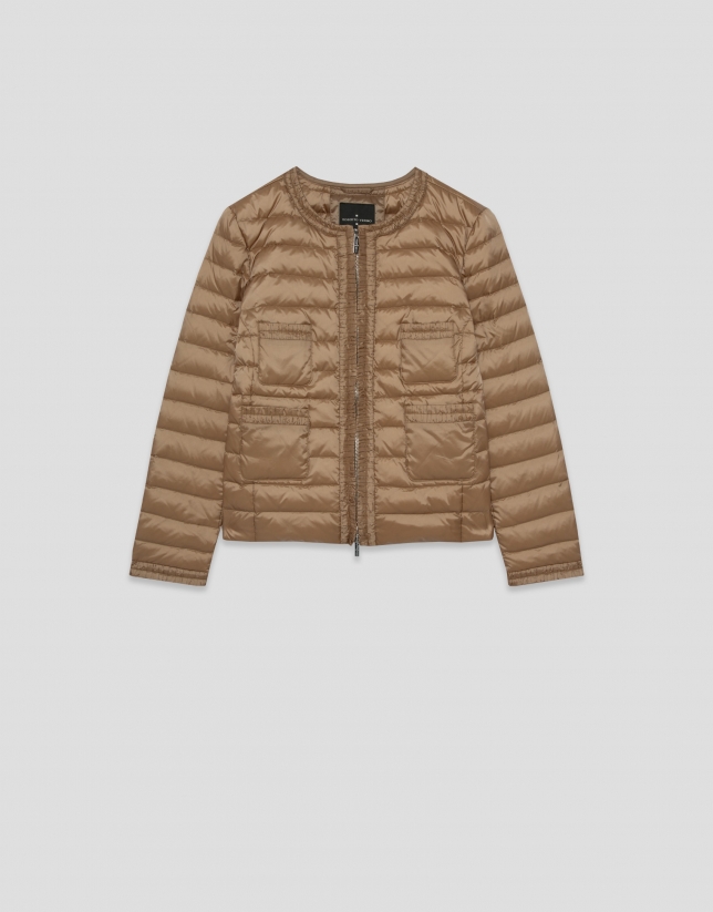 Camel four-pocket quilted down jacket