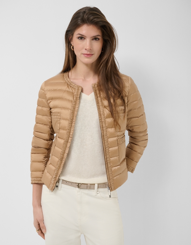 Camel four-pocket quilted down jacket