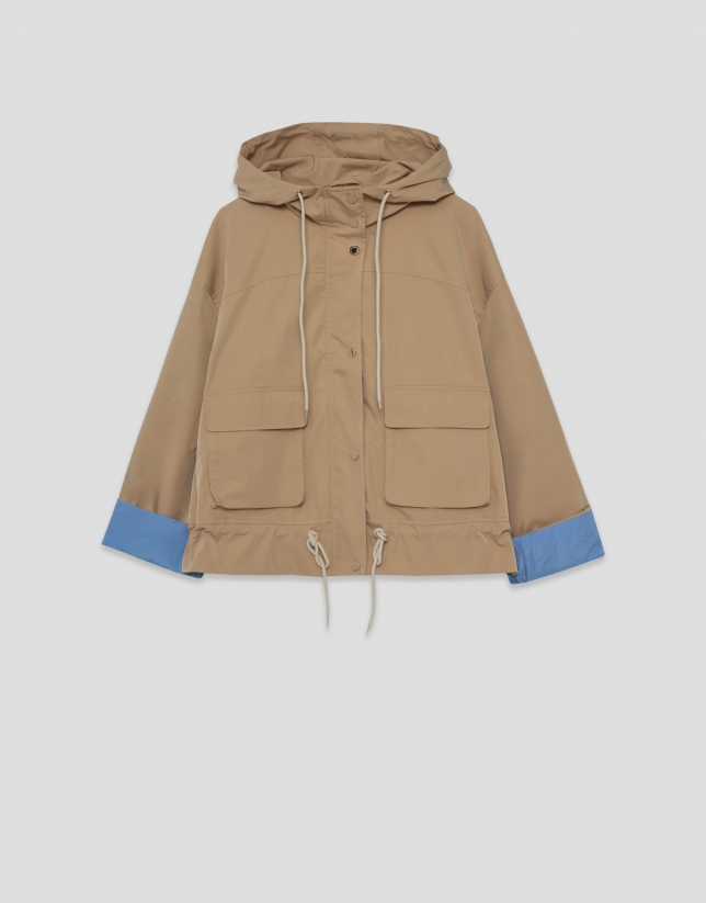 Camel technical fabric jacket with blue interior