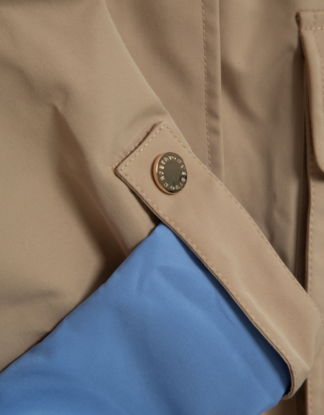 Camel technical fabric jacket with blue interior