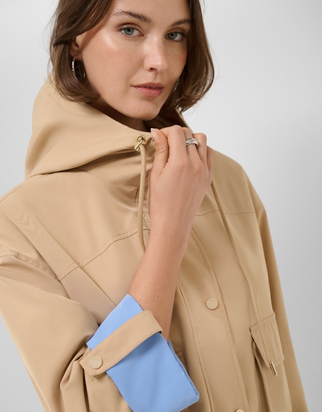 Camel technical fabric jacket with blue interior