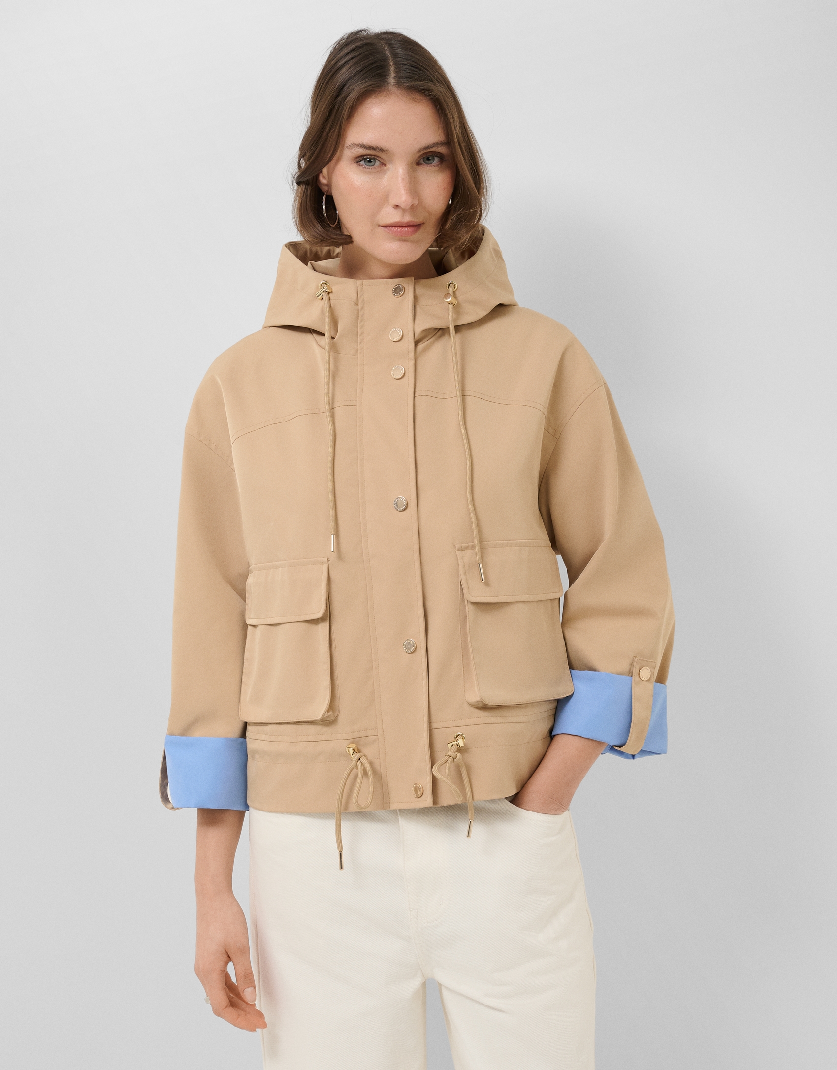 Camel technical fabric jacket with blue interior