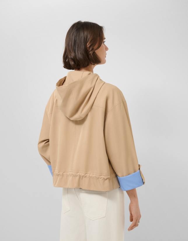 Camel technical fabric jacket with blue interior