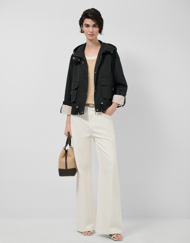 Black technical fabric jacket with camel interior