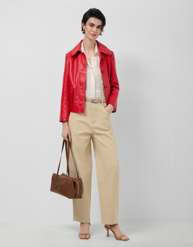 Red nappa leather jacket with topstitching
