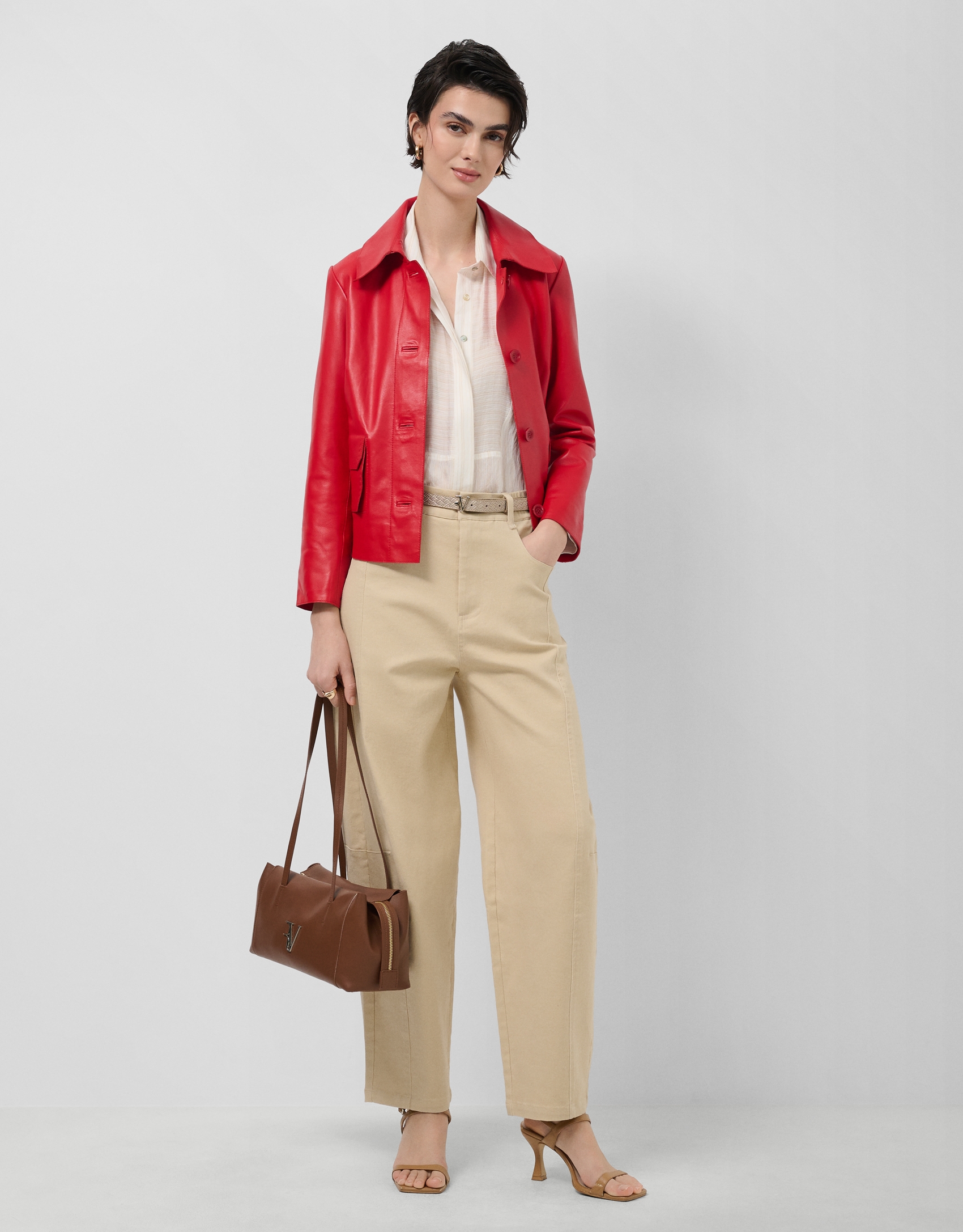 Red nappa leather jacket with topstitching