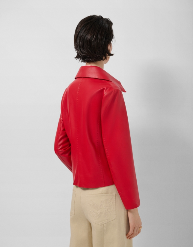 Red nappa leather jacket with stitching