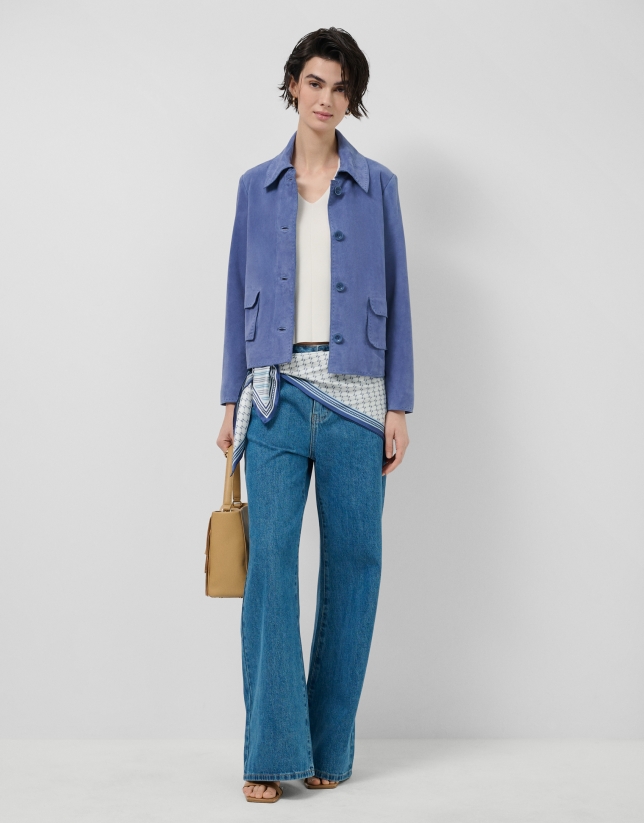 Blue suede jacket with topstitching