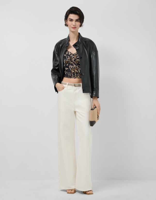 Short black nappa leather jacket with mandarin collar