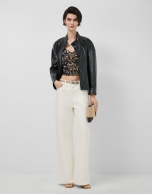 Black nappa leather short jacket with mandarin collar