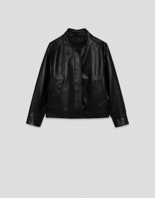 Short black nappa leather jacket with mandarin collar
