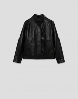 Black nappa leather short jacket with mandarin collar