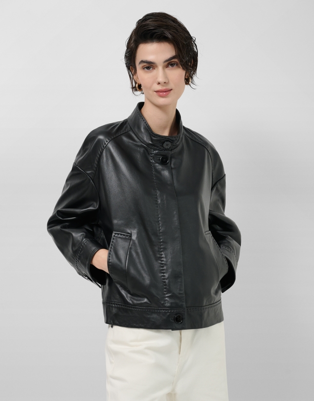 Short black nappa leather jacket with mandarin collar