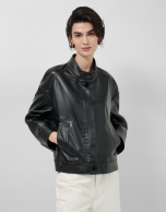 Short black nappa leather jacket with mandarin collar
