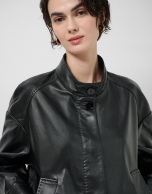Black nappa leather short jacket with mandarin collar