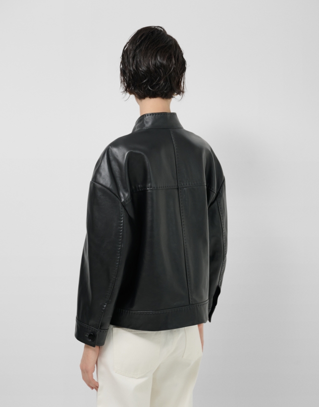 Short black nappa leather jacket with mandarin collar