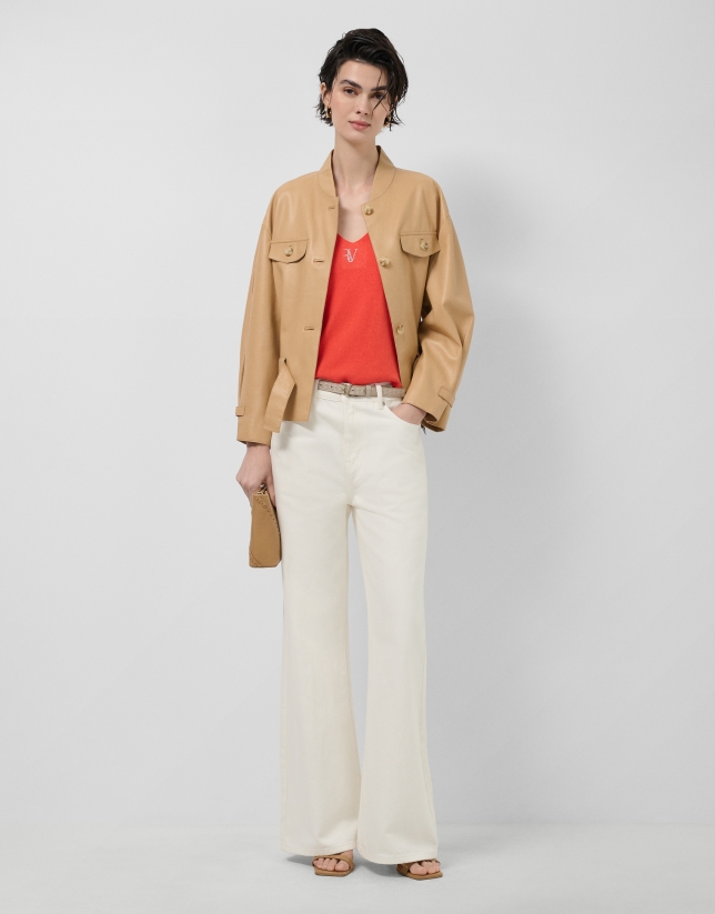 Short camel nappa leather jacket with belt