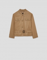 Camel nappa leather short jacket with belt