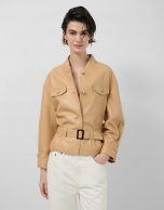 Short camel nappa leather jacket with belt