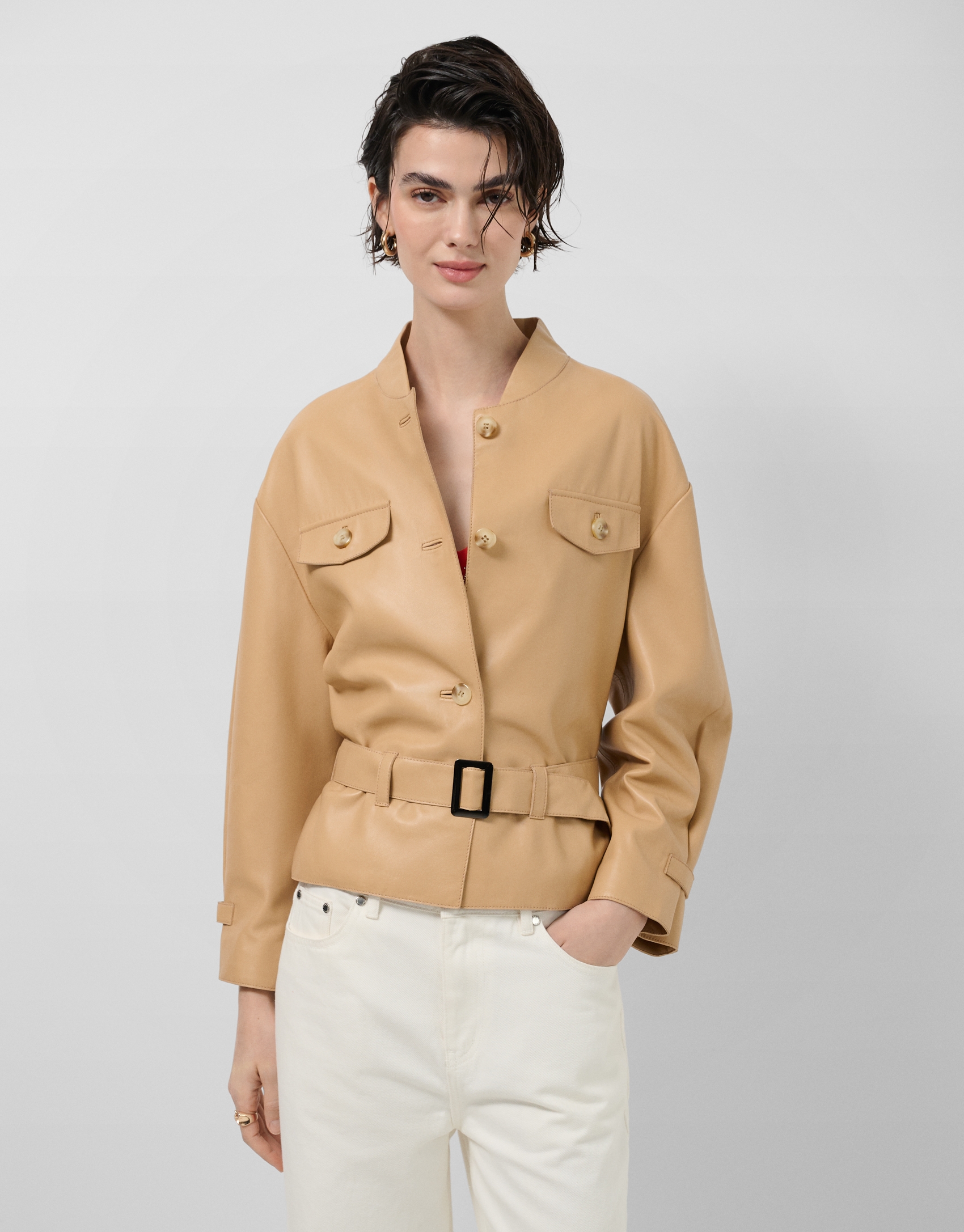 Camel nappa leather short jacket with belt