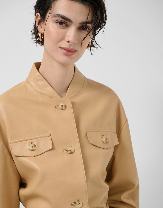 Camel nappa leather short jacket with belt