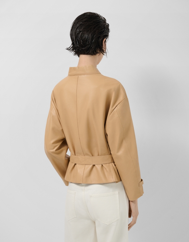 Camel nappa leather short jacket with belt