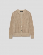 Camel openwork knit cardigan with lurex