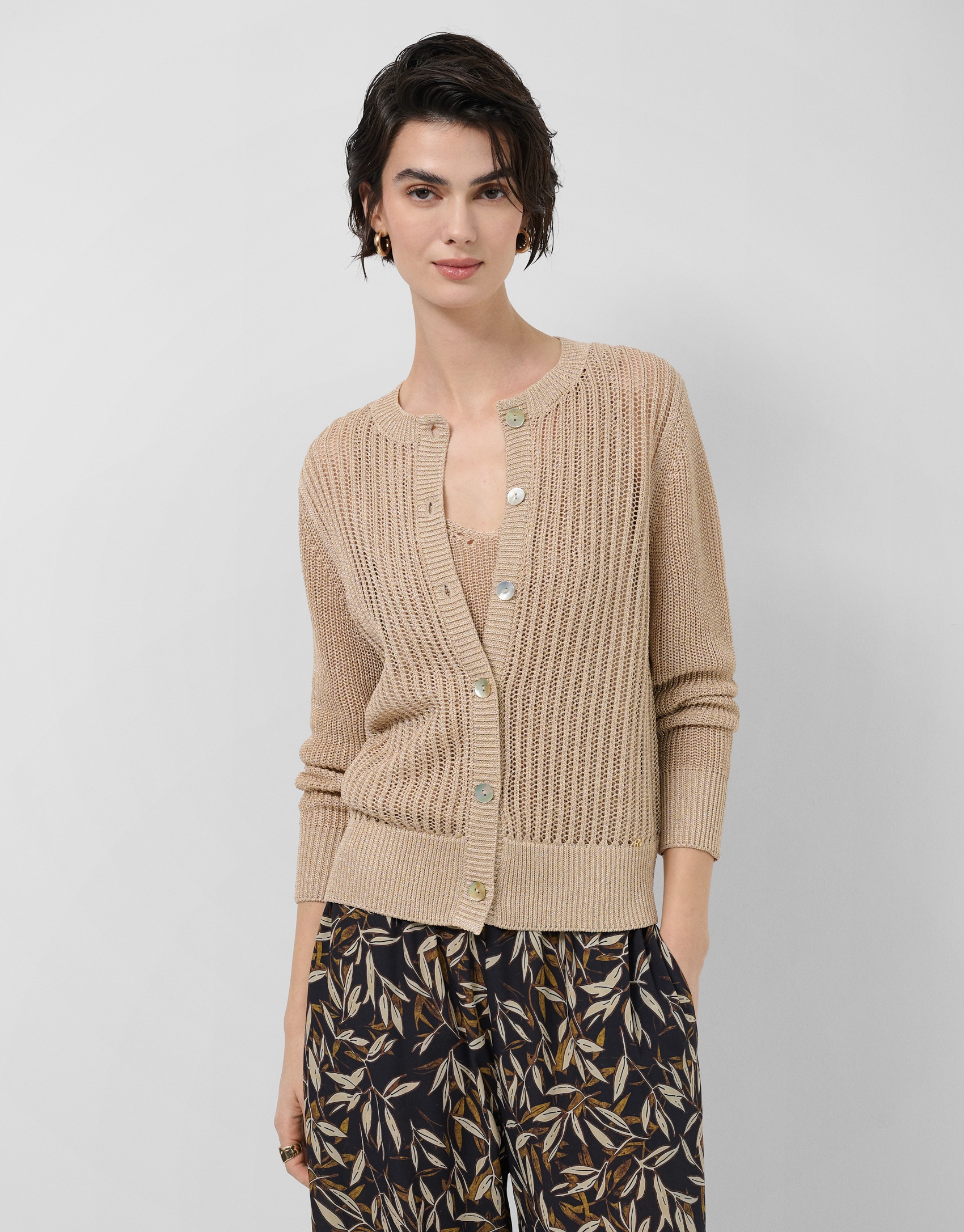 Openwork cardigan with camel lurex