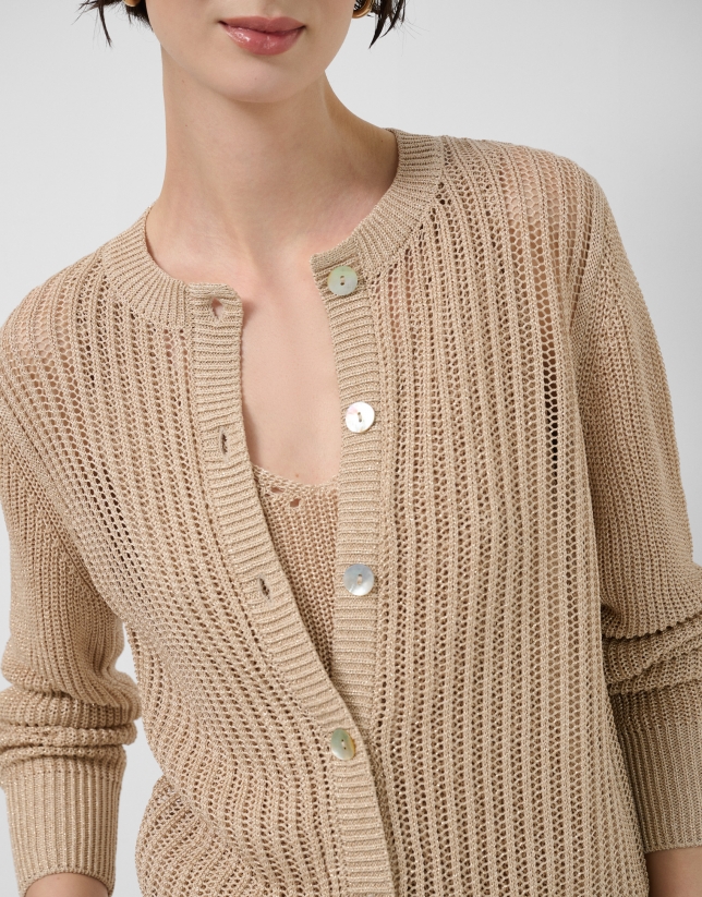 Openwork cardigan with camel lurex