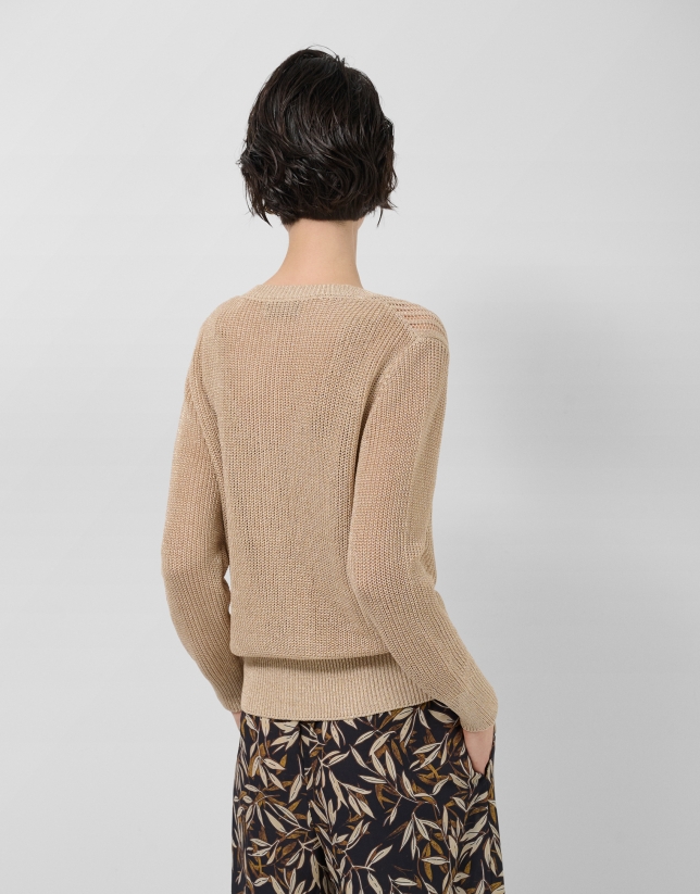 Camel openwork knit cardigan with lurex