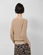 Camel openwork knit cardigan with lurex