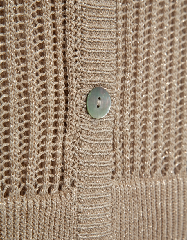 Camel openwork knit cardigan with lurex