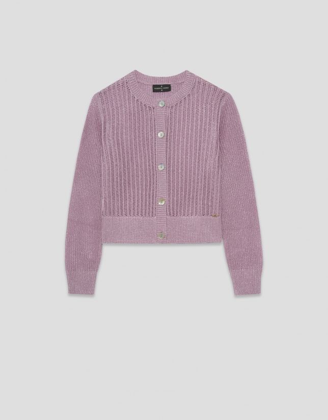 Short openwork knit cardigan with pink lurex
