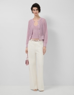 Short openwork knit cardigan with pink lurex