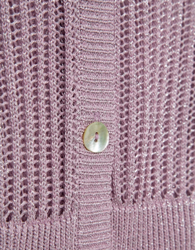 Short openwork knit cardigan with pink lurex