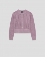 Short openwork knit cardigan with pink lurex