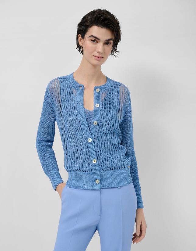 Blue openwork knit cardigan with lurex