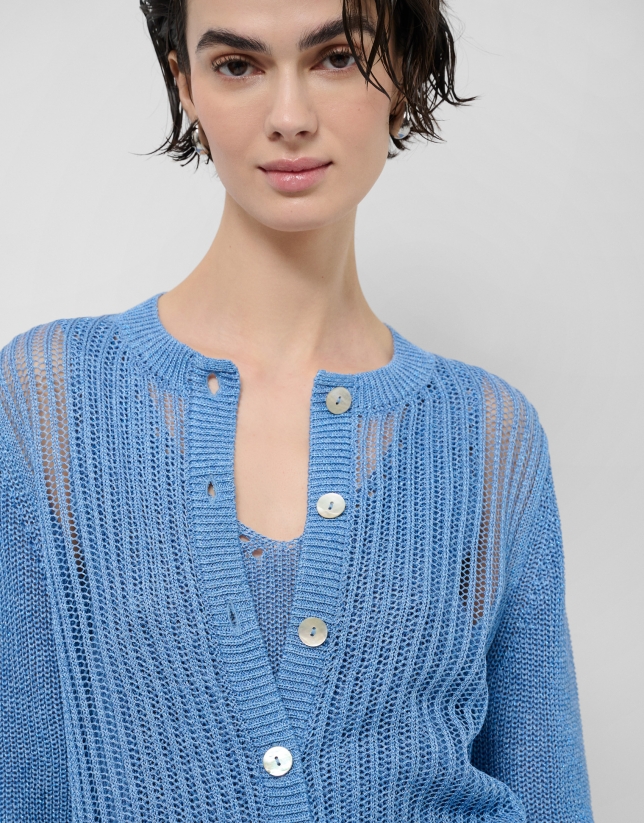 Openwork knit cardigan with blue lurex