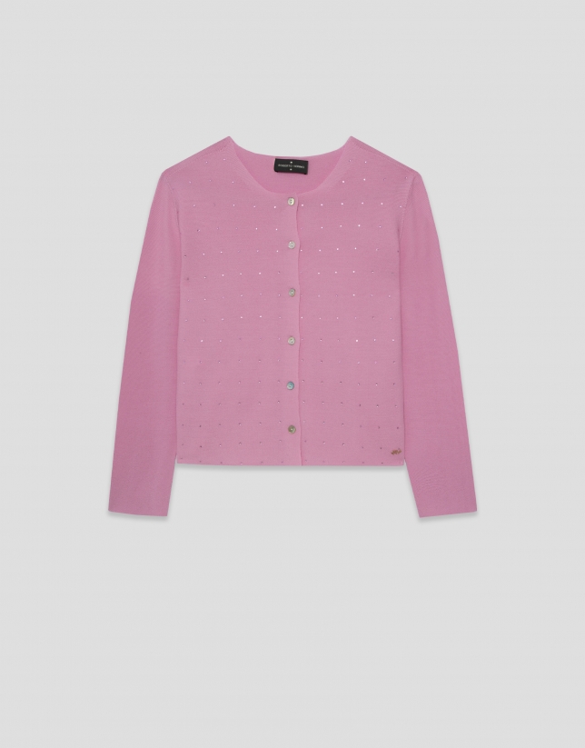 Pink bobble knit short jacket with appliqu&eacute;s