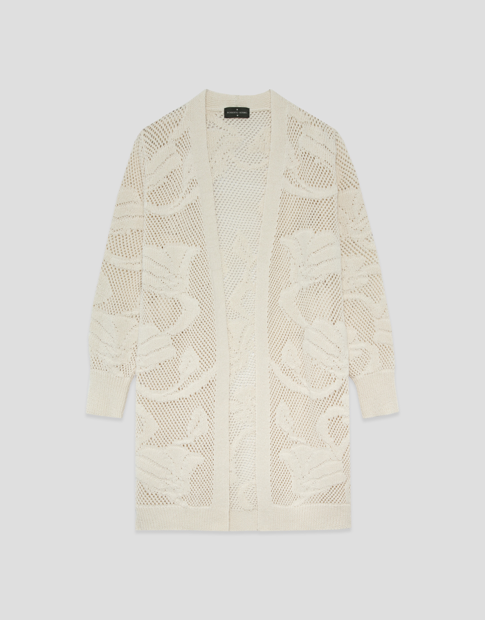 Chaqueta larga beige con calados florales