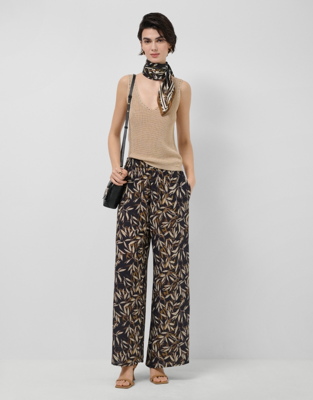 Camel lurex openwork knit top