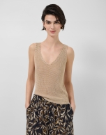 Camel lurex openwork knit top