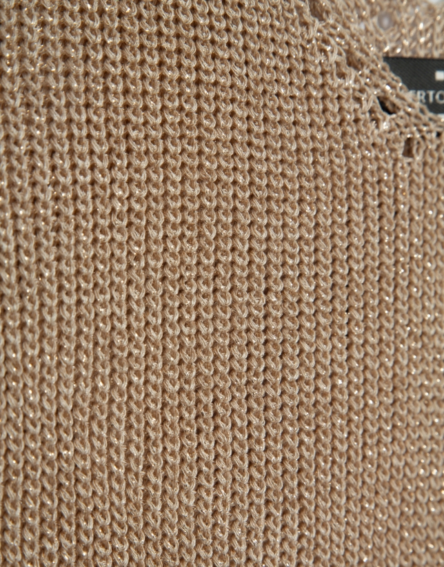 Camel lurex openwork knit top